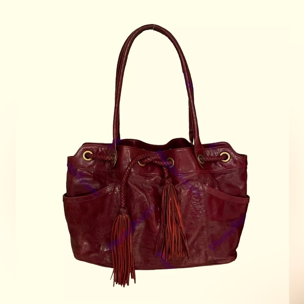 CHARLES DAVID BOHO HOBO BAG TOTE W/ BRAIDED DRAWSTRING TASSELS Burgundy/Oxblood